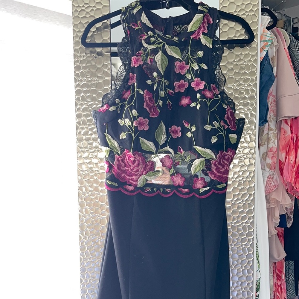 Sequin Hearts Elegant Black open back Dress with Vibrant Floral Design